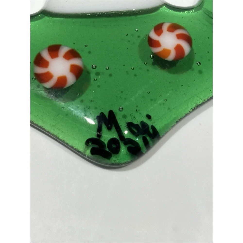Handcrafted Fused Glass Christmas Wreath & Candle Suncatcher Peppermint Signed